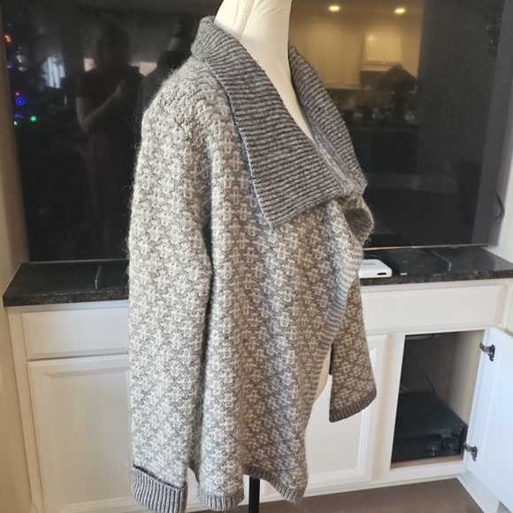LOFT Geo Jacquard Grey White Wool Mohair Blend Open Cardigan L - Picture 7 of 13